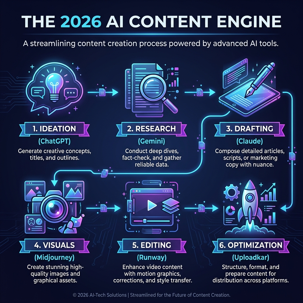 The 2026 AI Content Engine Workflow Flowchart showing Ideation, Research, Drafting, Visuals, Editing, and Optimization