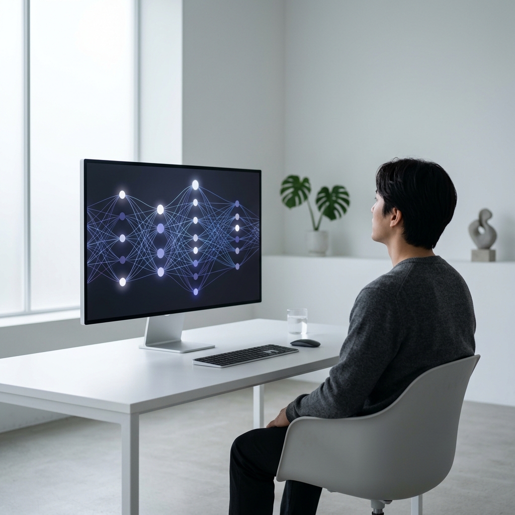 Person working with AI decision system on screen