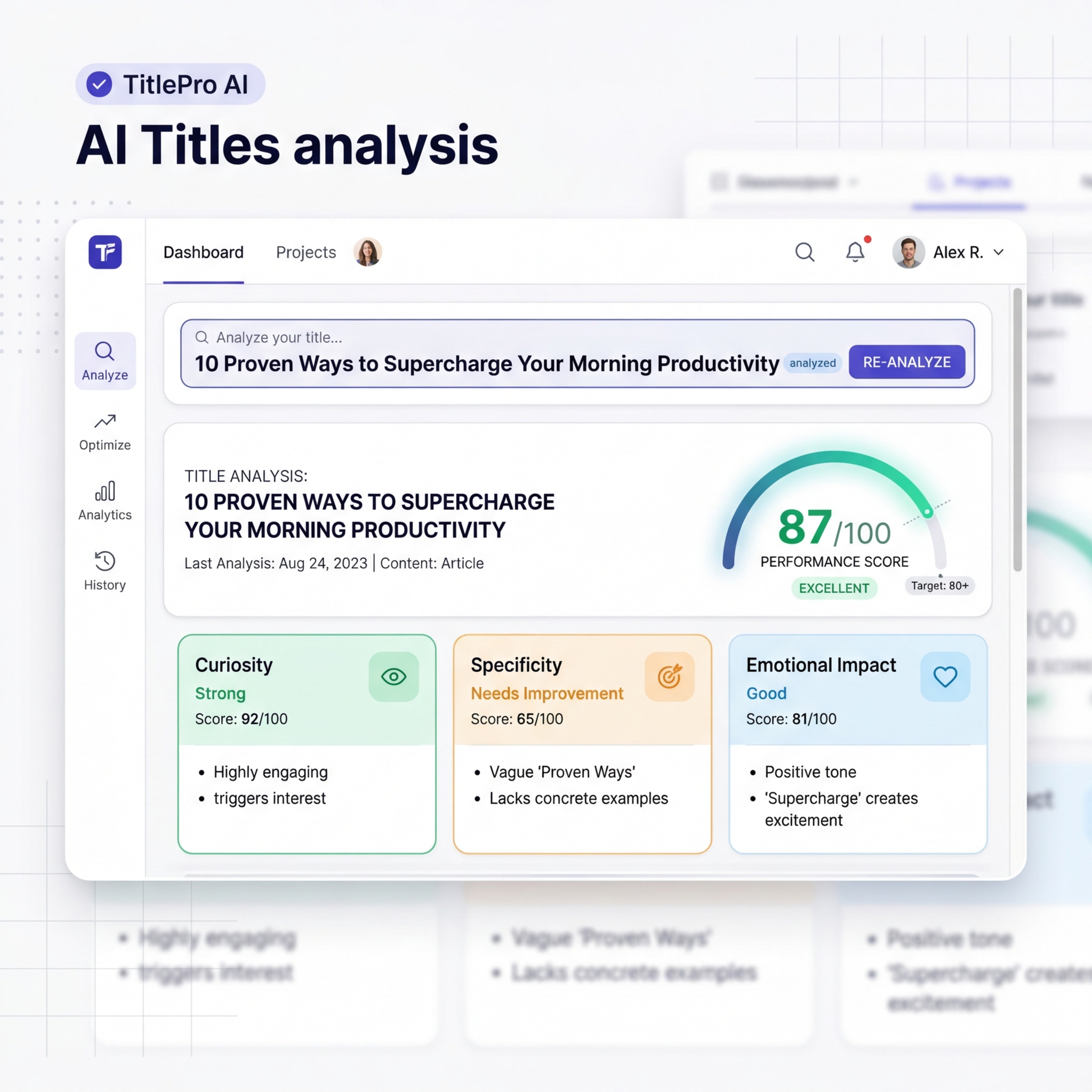 A professional mockup of the Uploadkar Title Intelligence dashboard showing curiosity scores, emotional impact analysis, and specific improvement suggestions