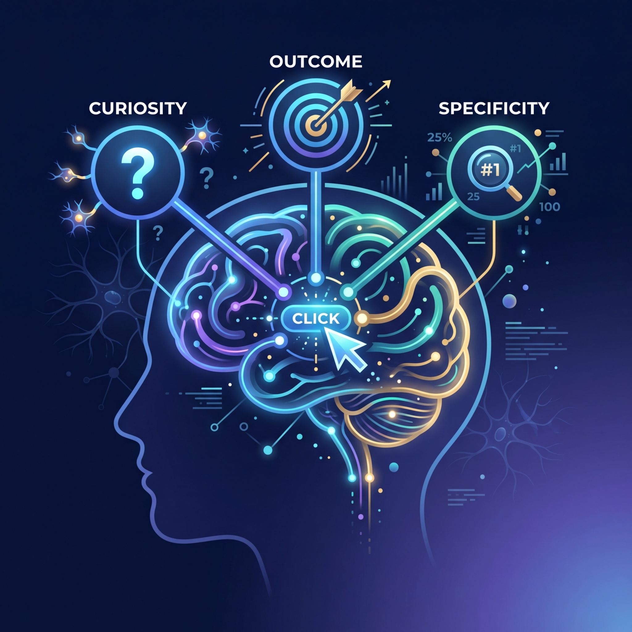 Infographic showing three psychological click triggers — Curiosity, Outcome, and Specificity — mapped to brain pathways