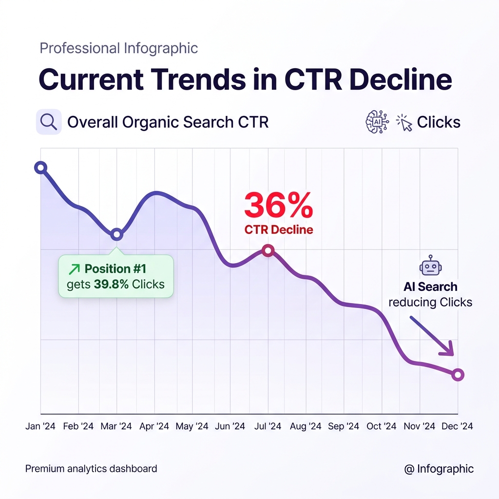 Infographic showing CTR decline trends across platforms — 36% drop in organic search CTR, Position 1 getting 39.8% of clicks, and AI search further reducing click rates