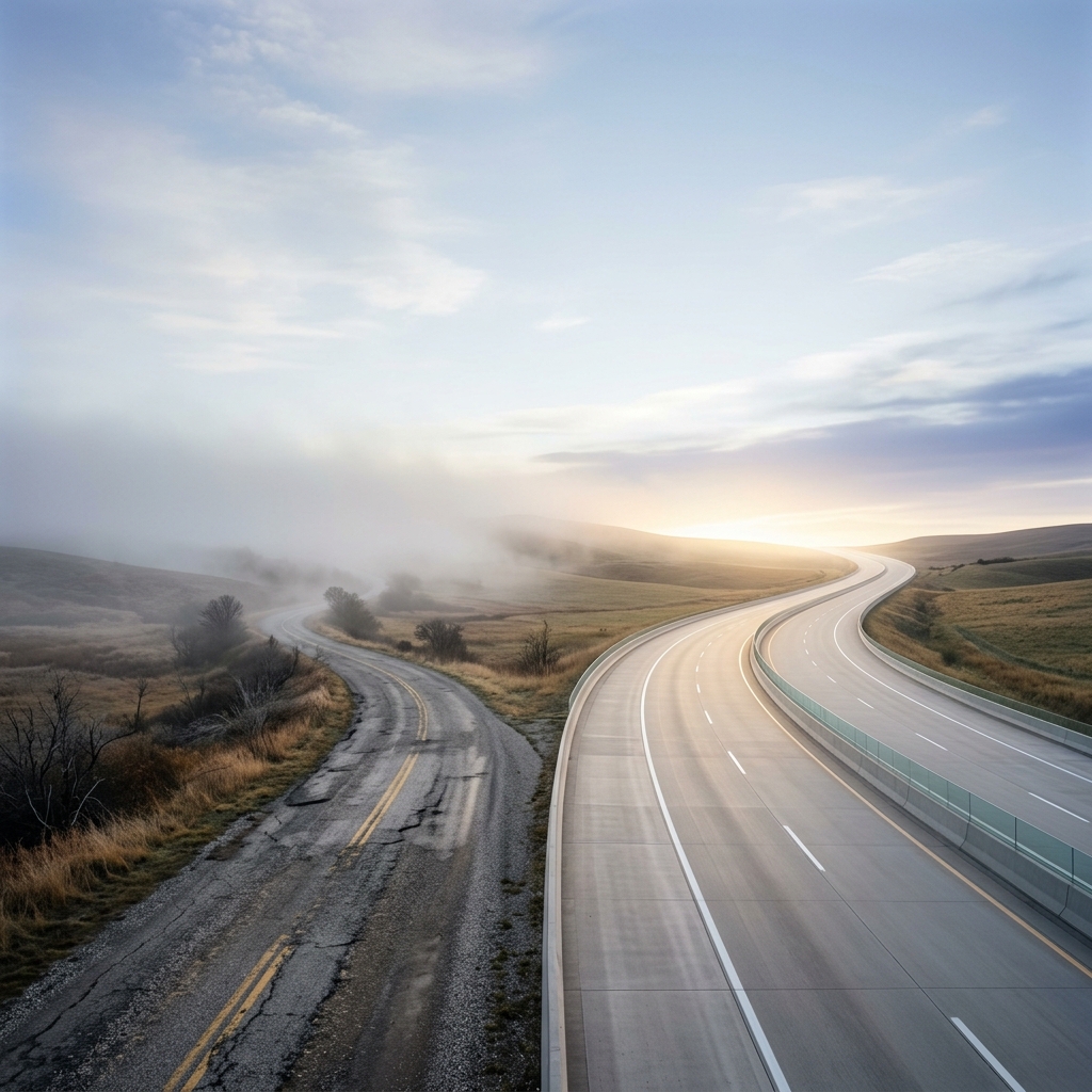 Two paths diverging — old traditional approach versus the new AI-driven approach